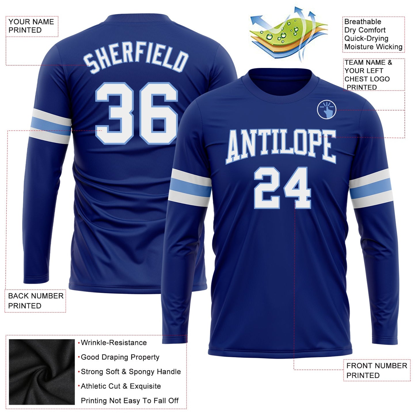 Custom Royal White-Light Blue Long Sleeve Performance T-Shirt view 3