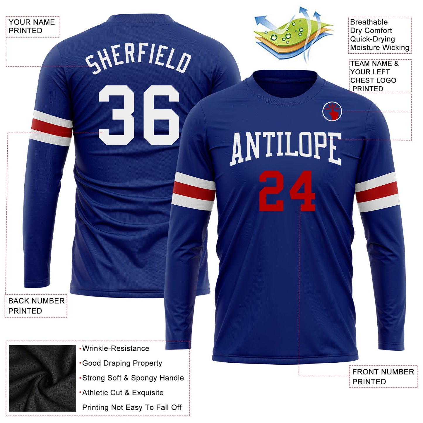 Custom Royal White-Red Long Sleeve Performance T-Shirt view 3