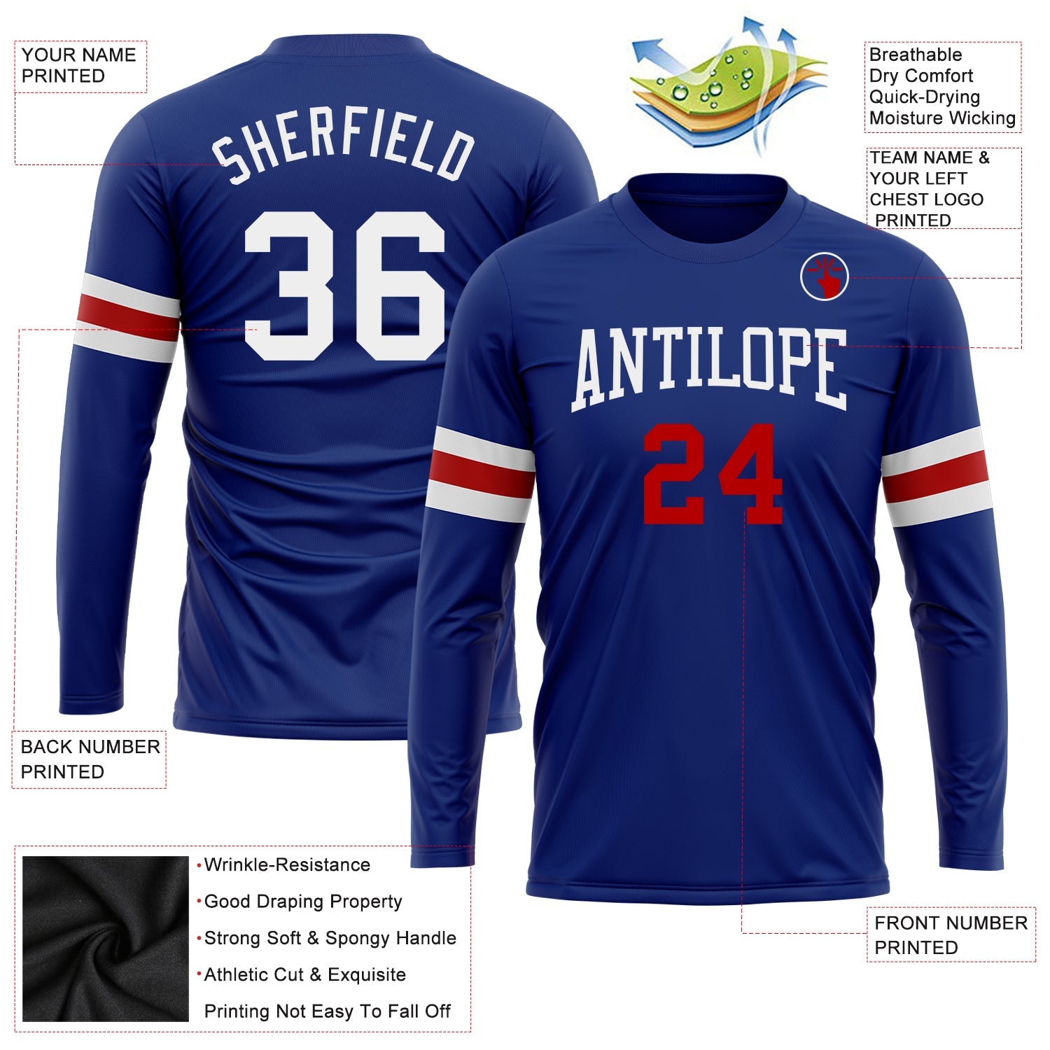 Custom Royal White-Red Long Sleeve Performance T-Shirt view 3