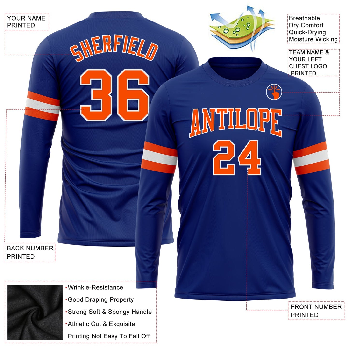 Custom Royal Orange-White Long Sleeve Performance T-Shirt view 3