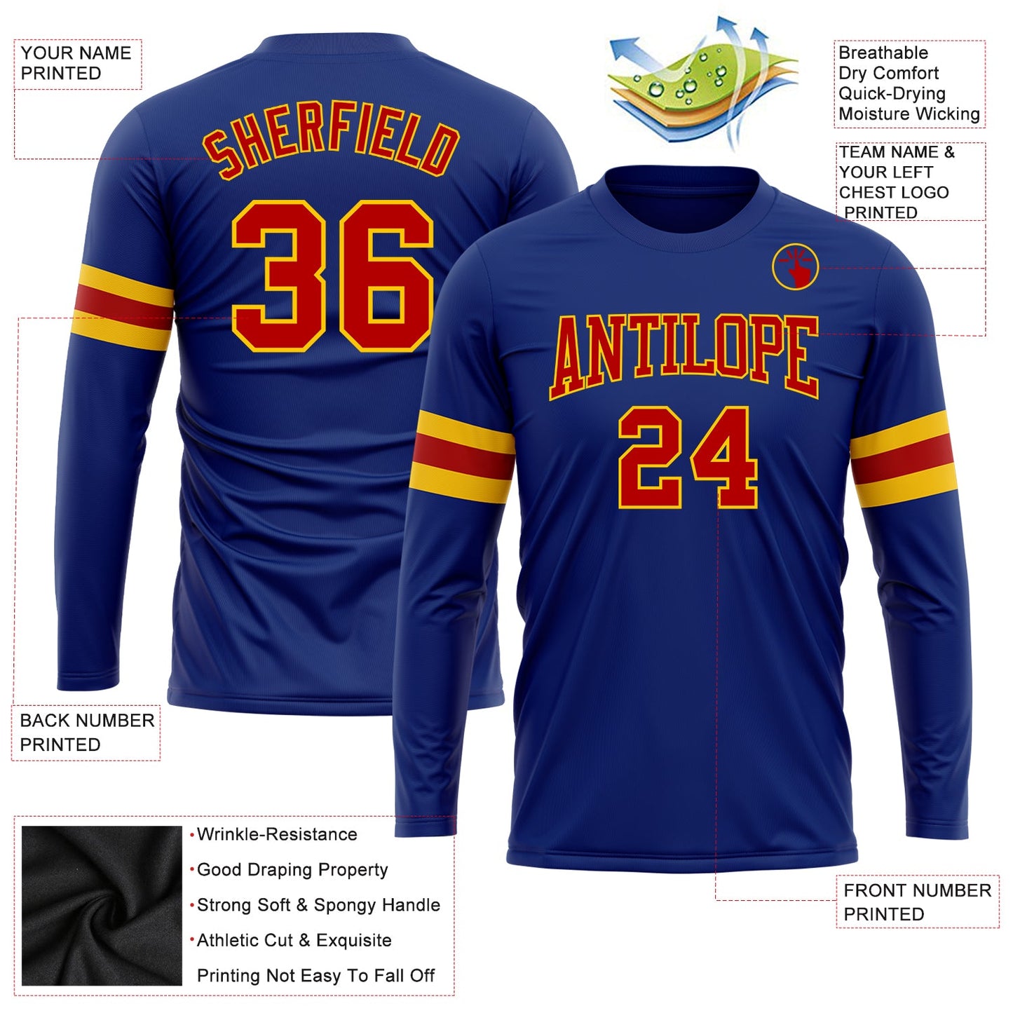 Custom Royal Red-Gold Long Sleeve Performance T-Shirt view 3