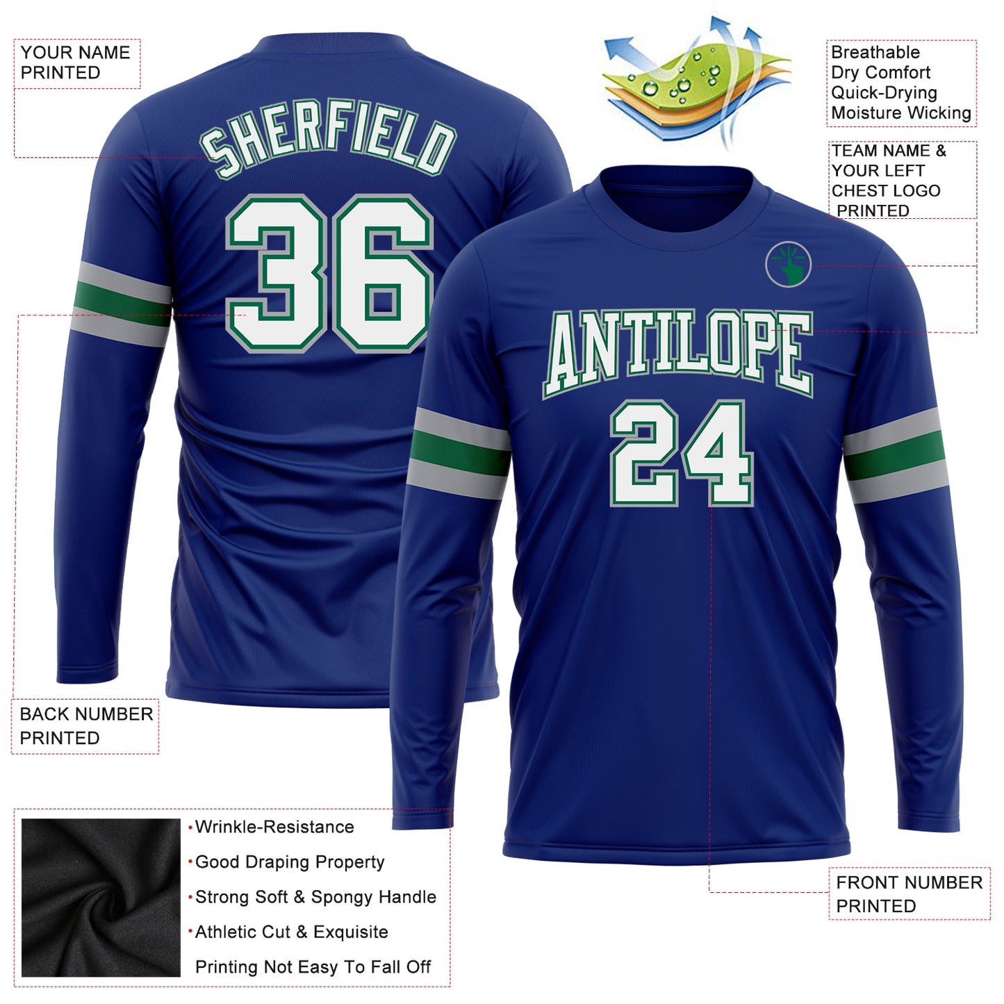 Custom Royal White Kelly Green-Gray Long Sleeve Performance T-Shirt view 3