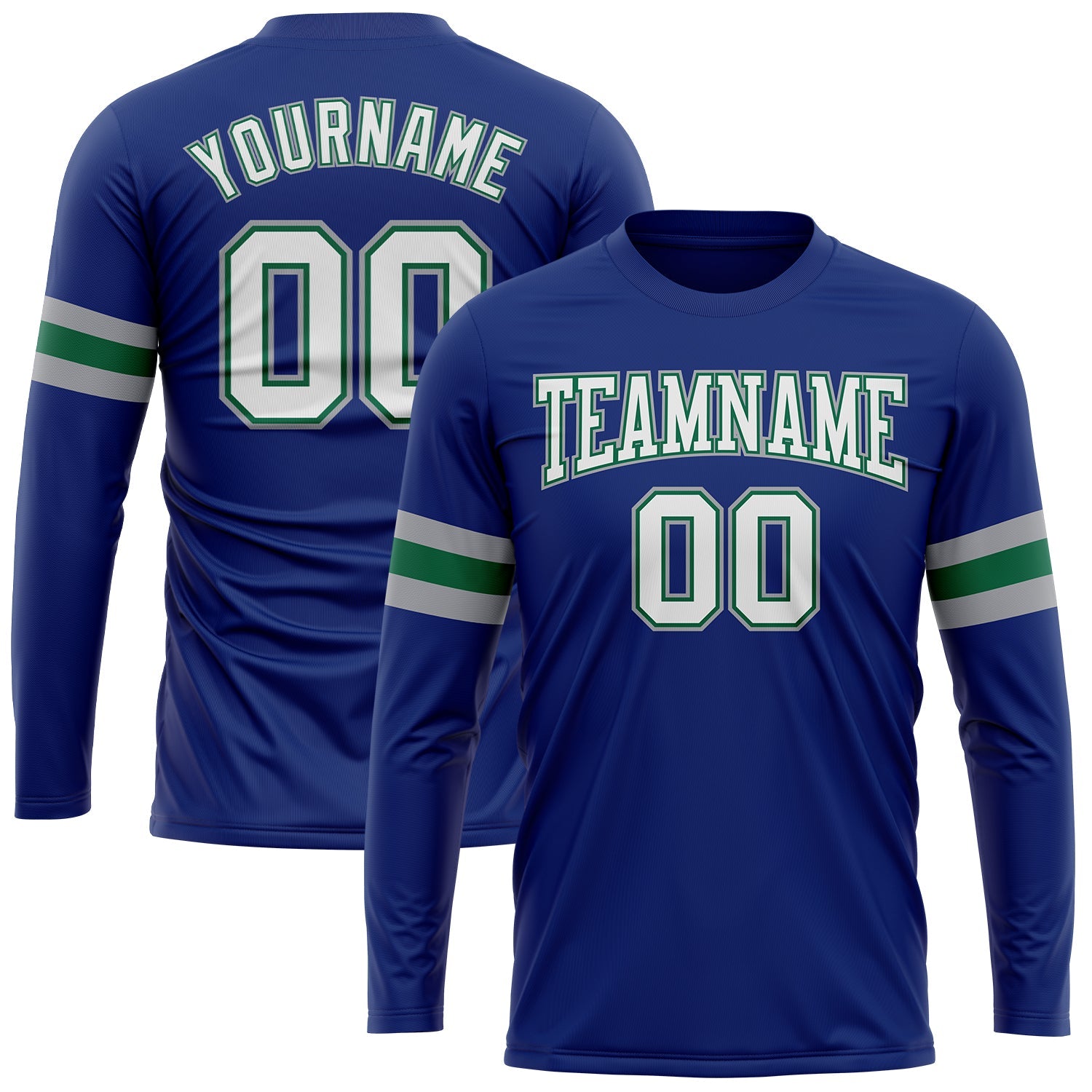 Custom Royal White Kelly Green-Gray Long Sleeve Performance T-Shirt - Main View