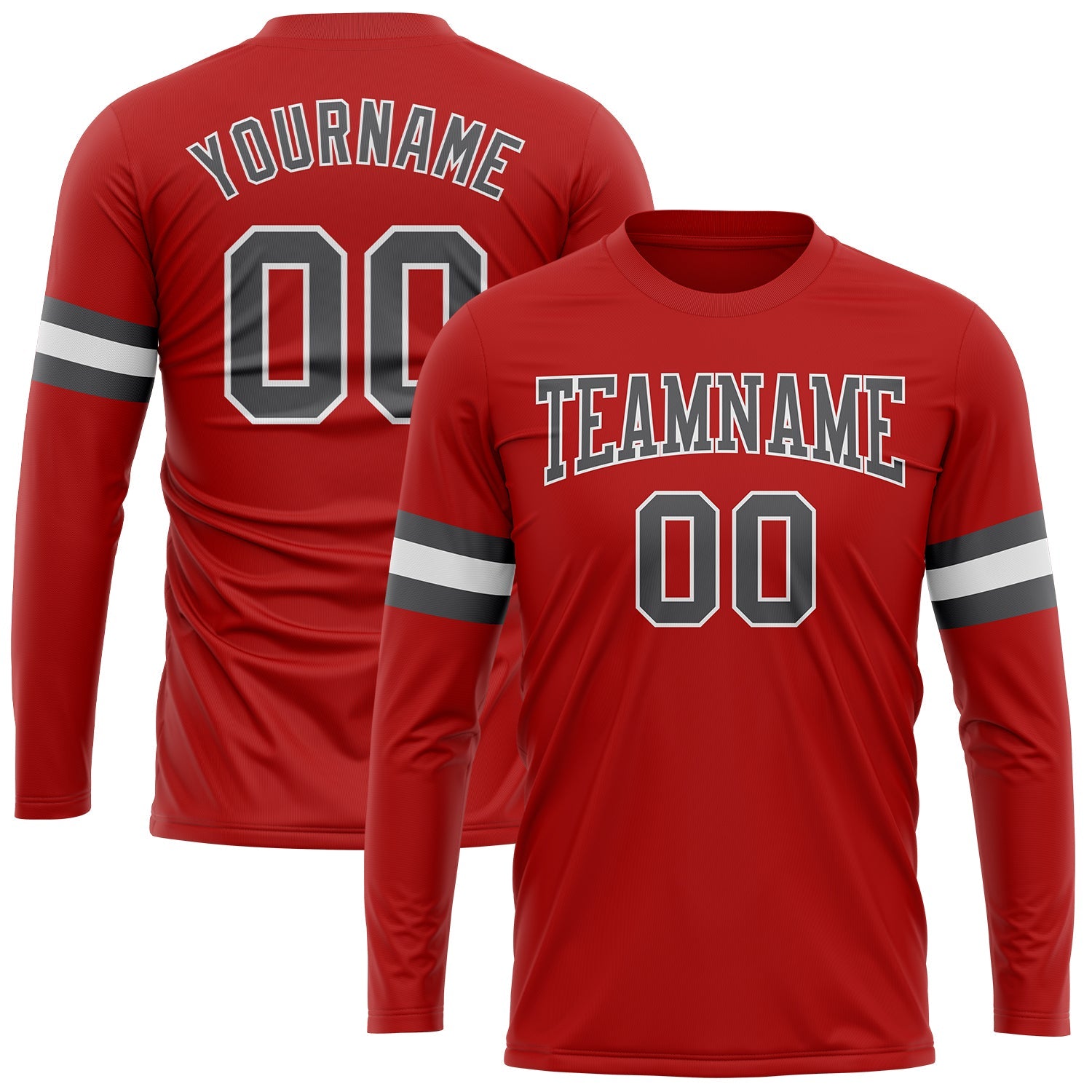 Custom Red Steel Gray-White Long Sleeve Performance T-Shirt - Main View