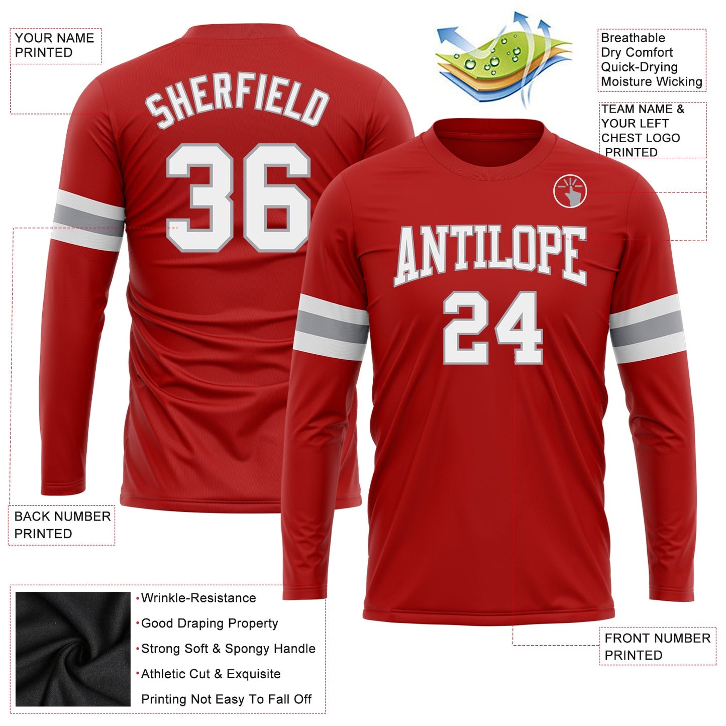 Custom Red White-Gray Long Sleeve Performance T-Shirt view 3