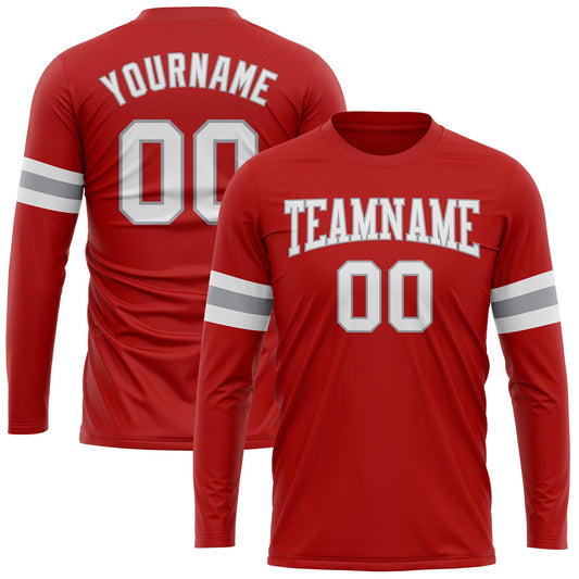 Custom Red White-Gray Long Sleeve Performance T-Shirt - Main View