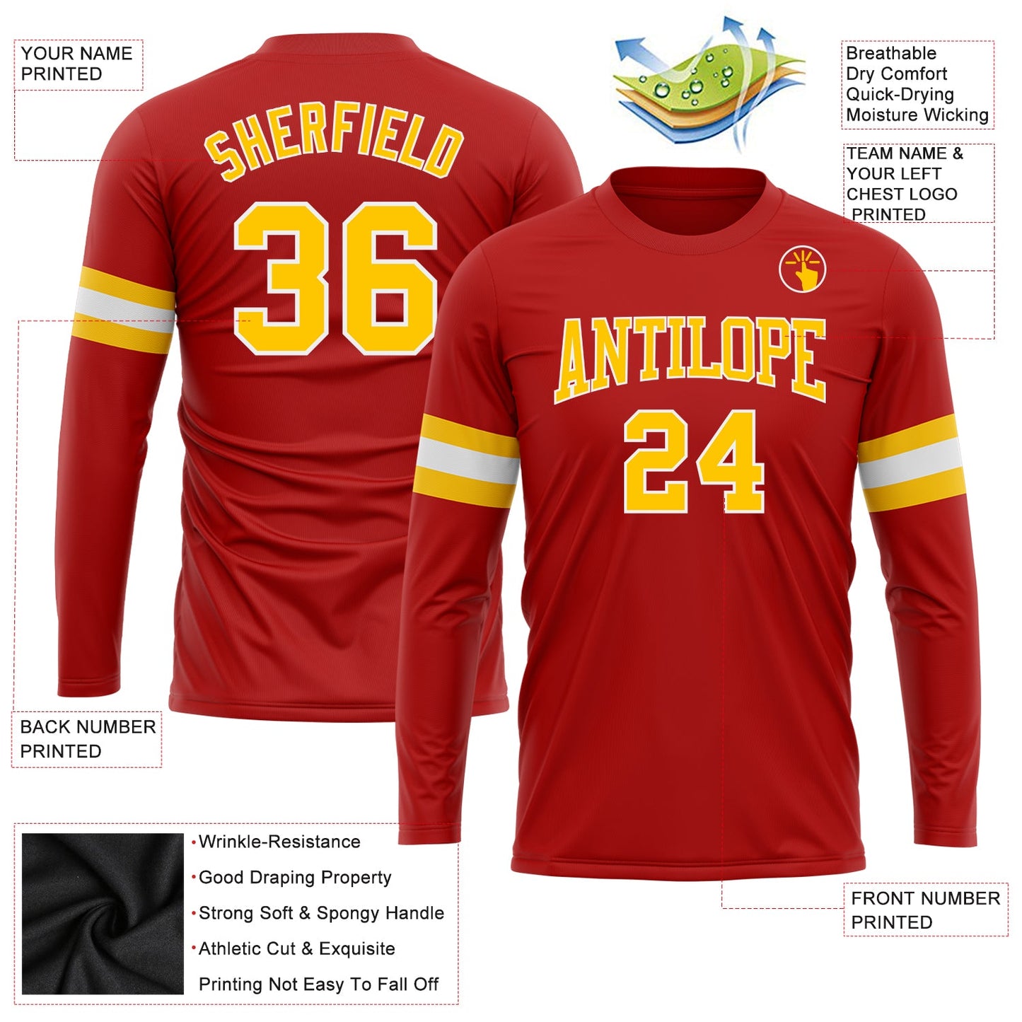Custom Red Gold-White Long Sleeve Performance T-Shirt view 3