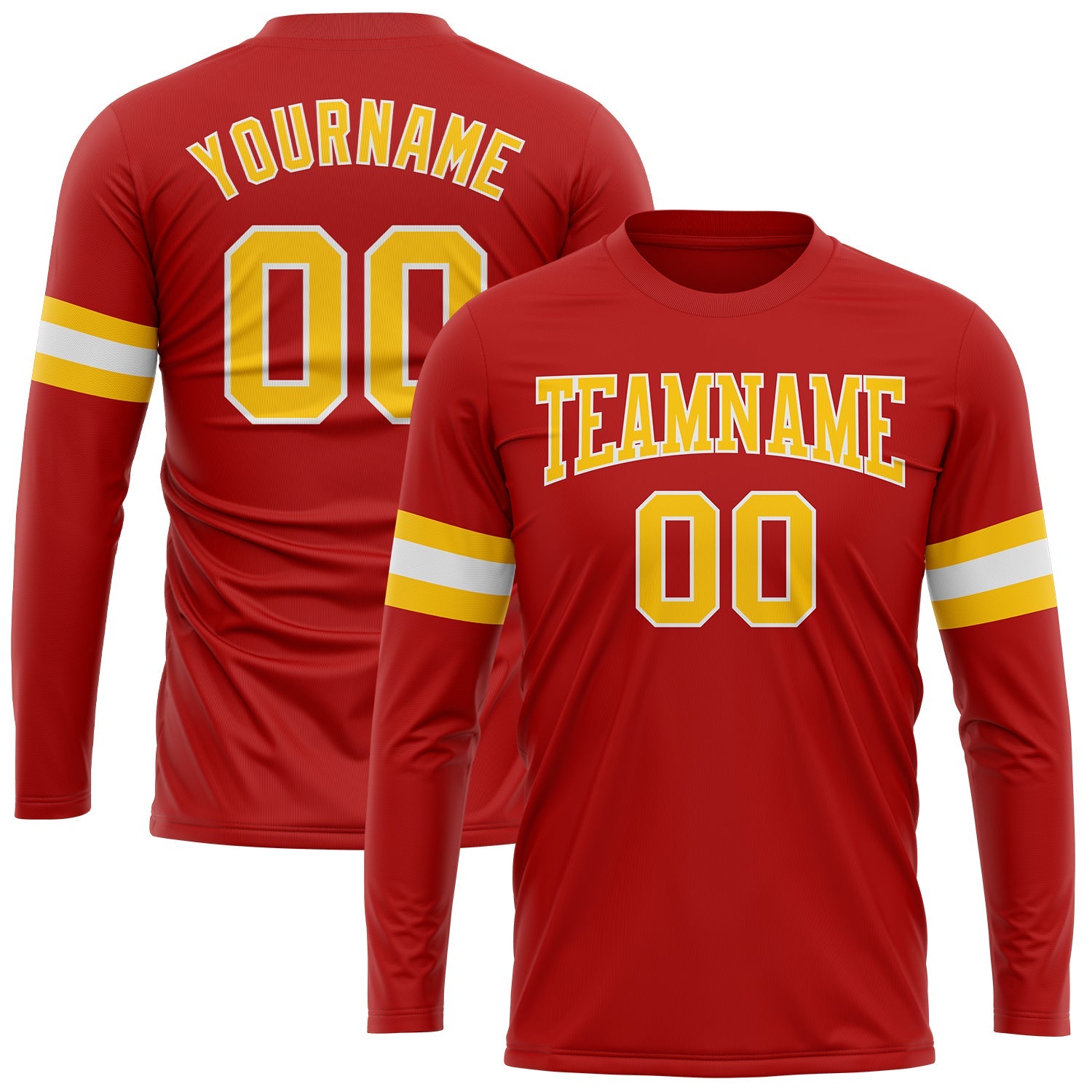 Custom Red Gold-White Long Sleeve Performance T-Shirt - Main View