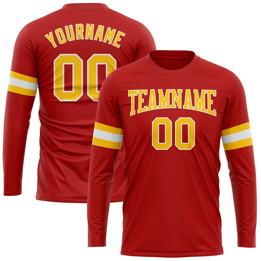Custom Red Gold-White Long Sleeve Performance T-Shirt - Main View