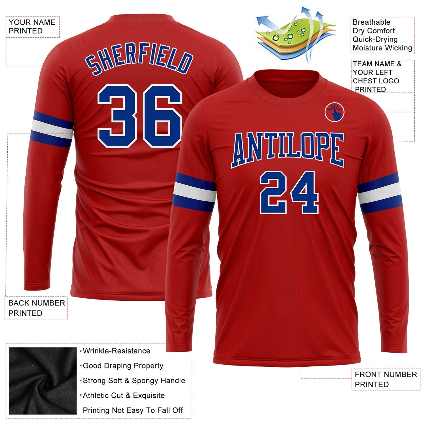 Custom Red Royal-White Long Sleeve Performance T-Shirt view 3