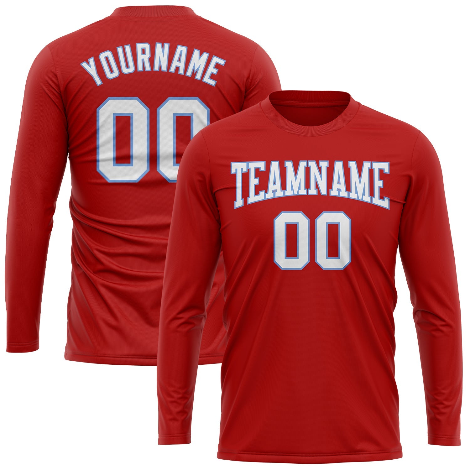 Custom Red White-Light Blue Long Sleeve Performance T-Shirt view 2