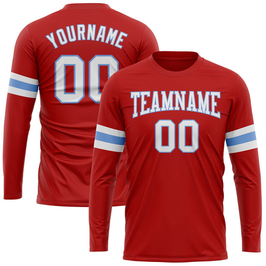 Custom Red White-Light Blue Long Sleeve Performance T-Shirt - Main View