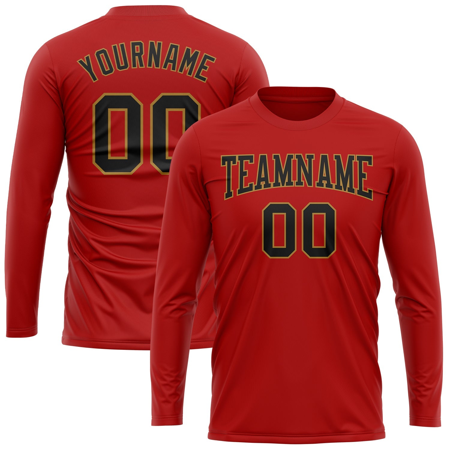 Custom Red Black-Old Gold Long Sleeve Performance T-Shirt view 2