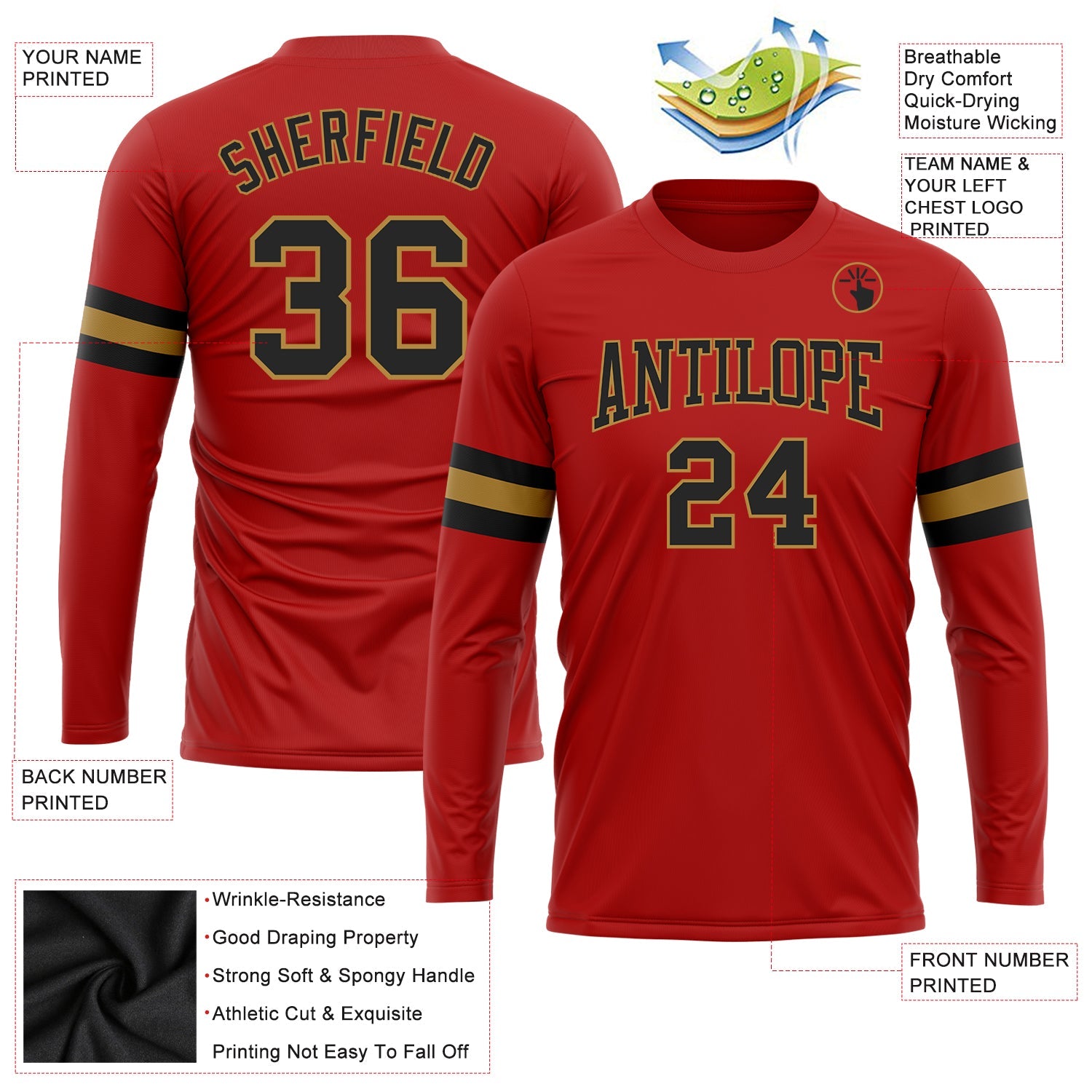 Custom Red Black-Old Gold Long Sleeve Performance T-Shirt view 3