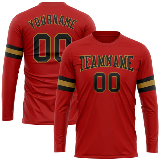 Custom Red Black-Old Gold Long Sleeve Performance T-Shirt - Main View