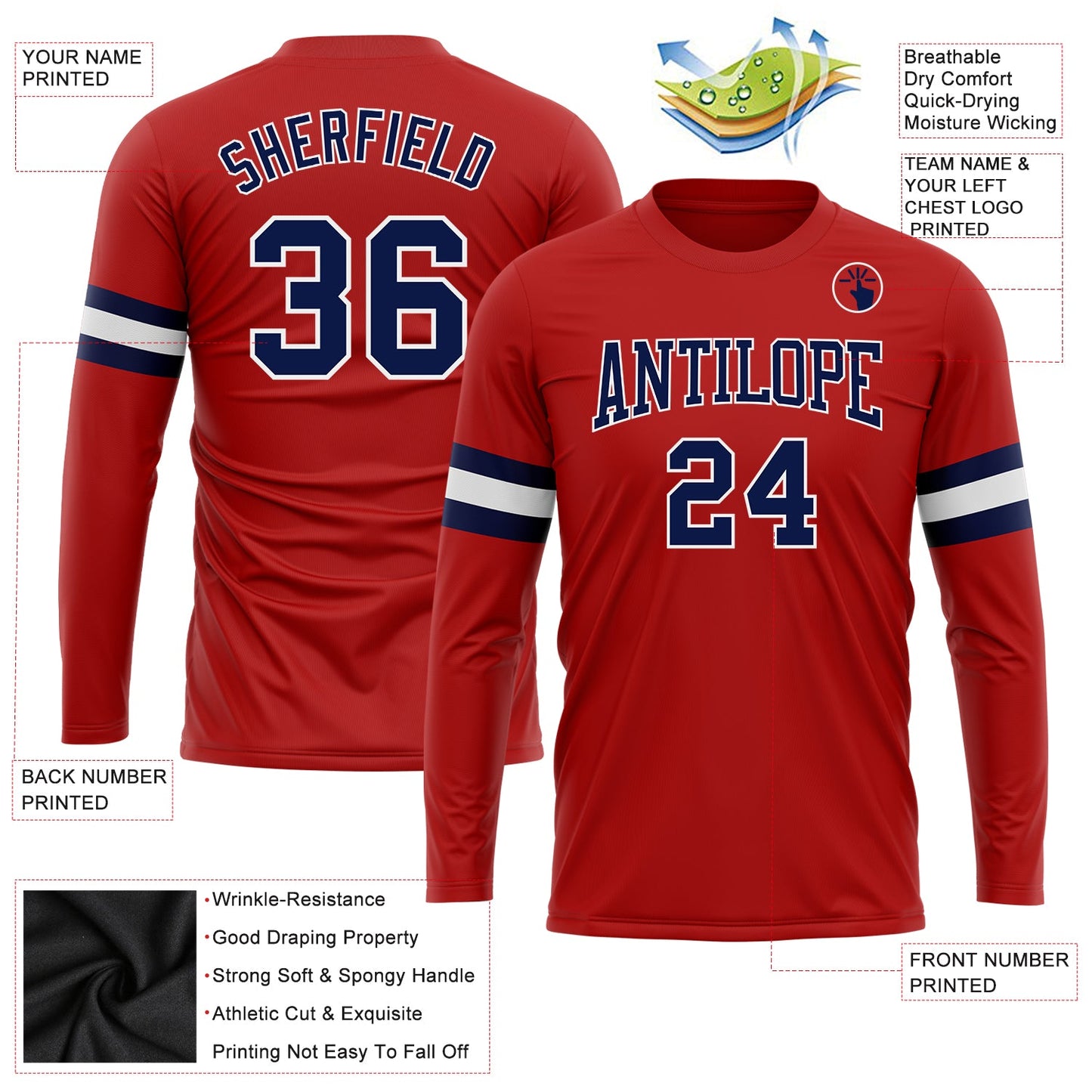 Custom Red Navy-White Long Sleeve Performance T-Shirt view 3