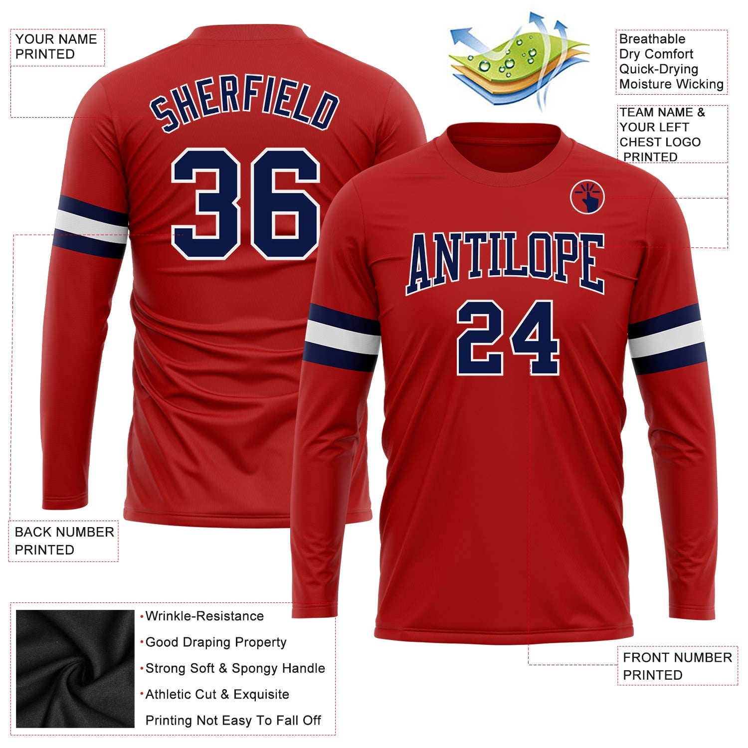 Custom Red Navy-White Long Sleeve Performance T-Shirt view 3