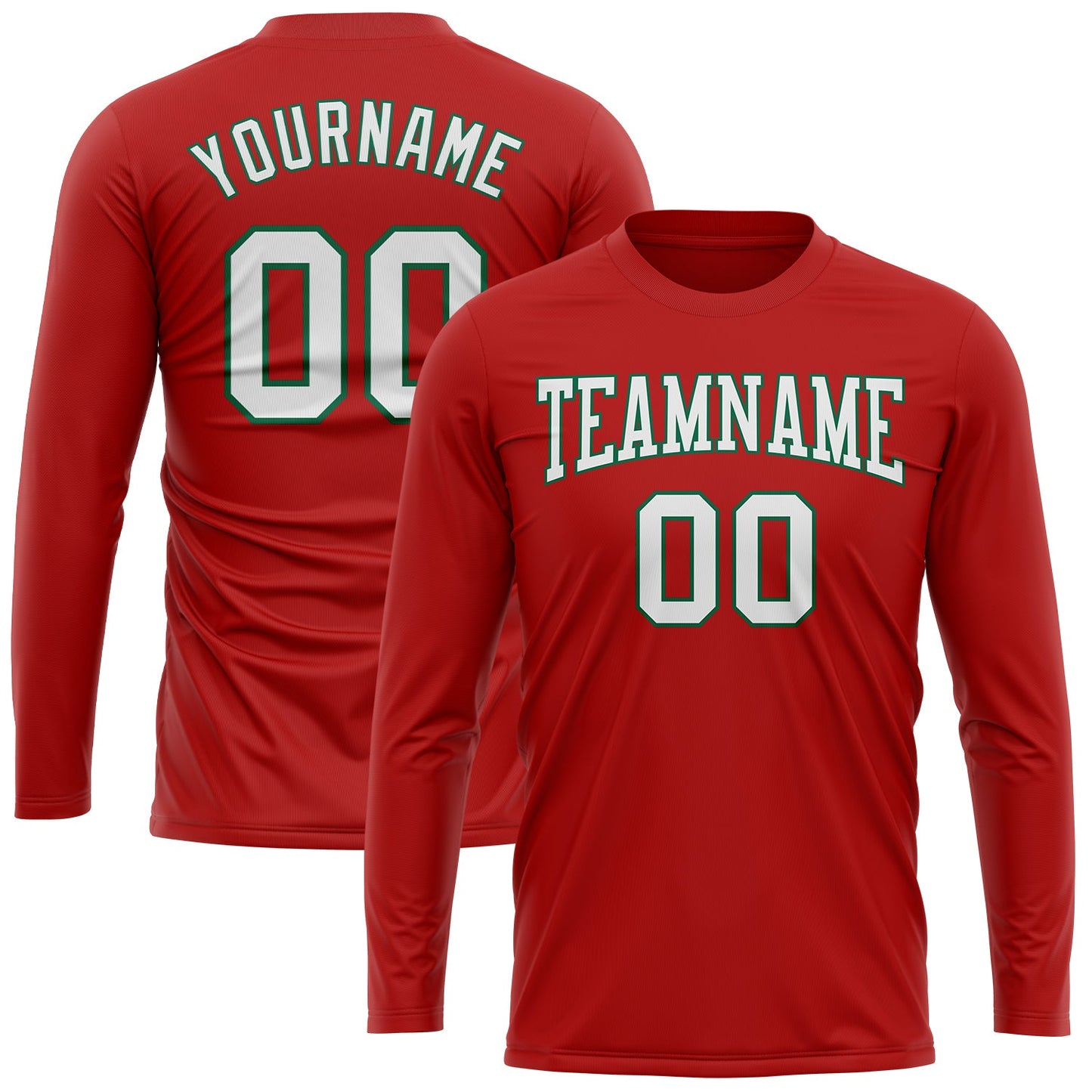 Custom Red White-Kelly Green Long Sleeve Performance T-Shirt view 2