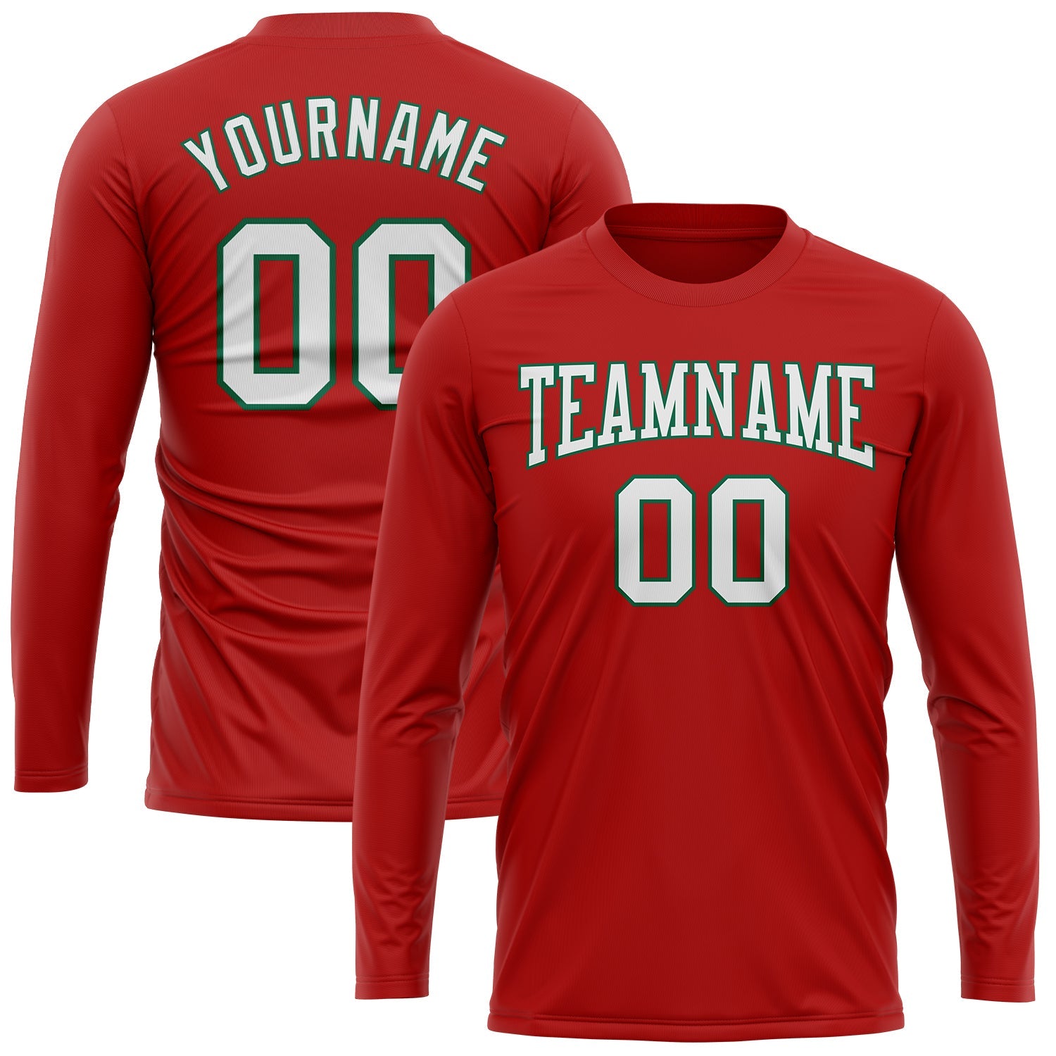 Custom Red White-Kelly Green Long Sleeve Performance T-Shirt view 2