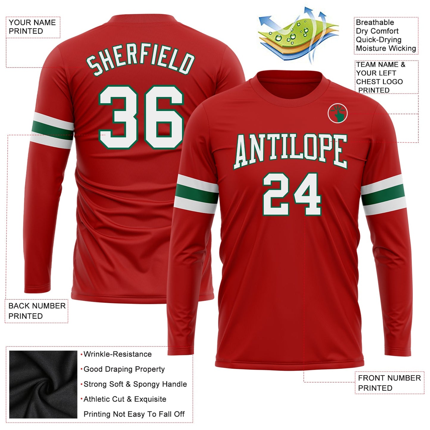 Custom Red White-Kelly Green Long Sleeve Performance T-Shirt view 3
