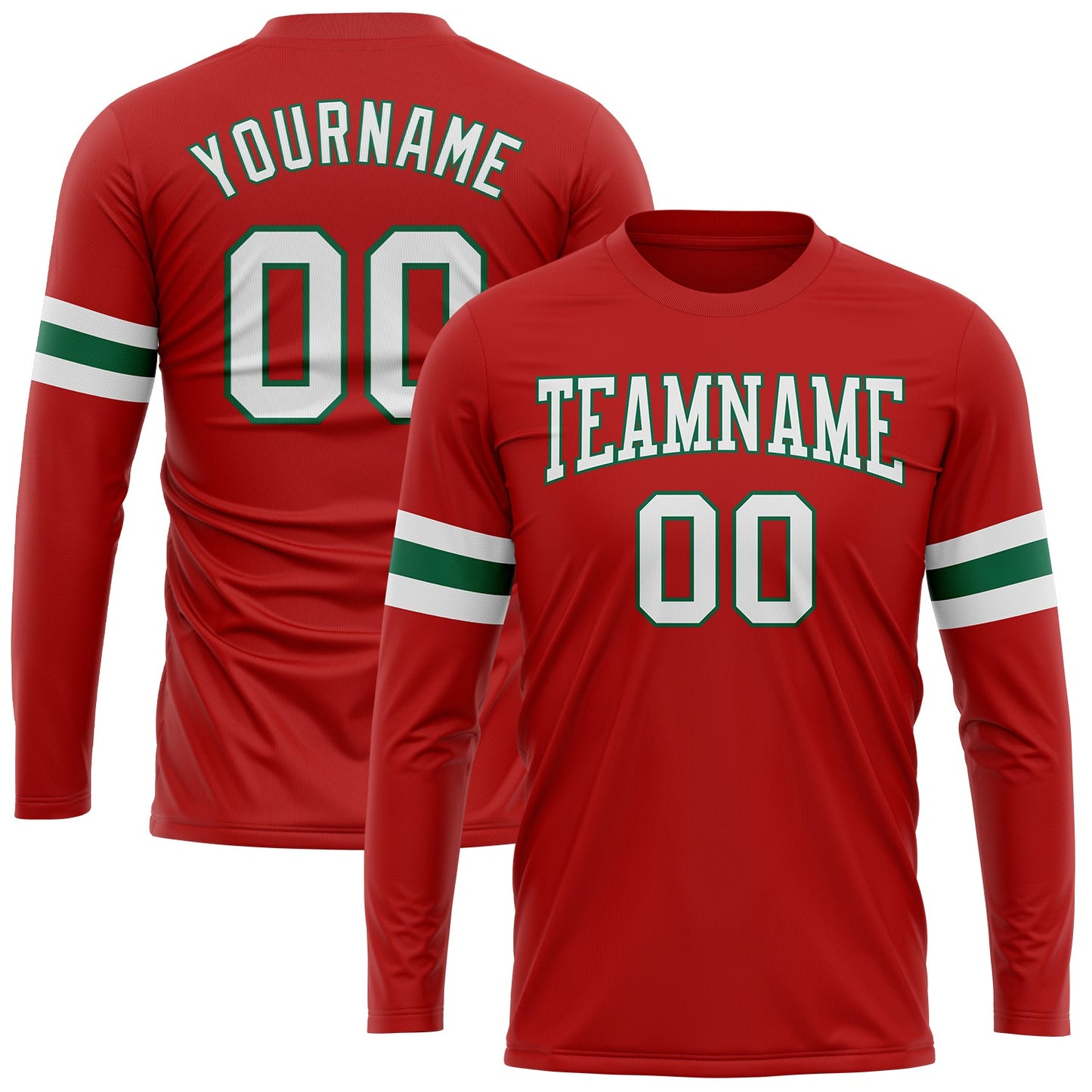 Custom Red White-Kelly Green Long Sleeve Performance T-Shirt - Main View