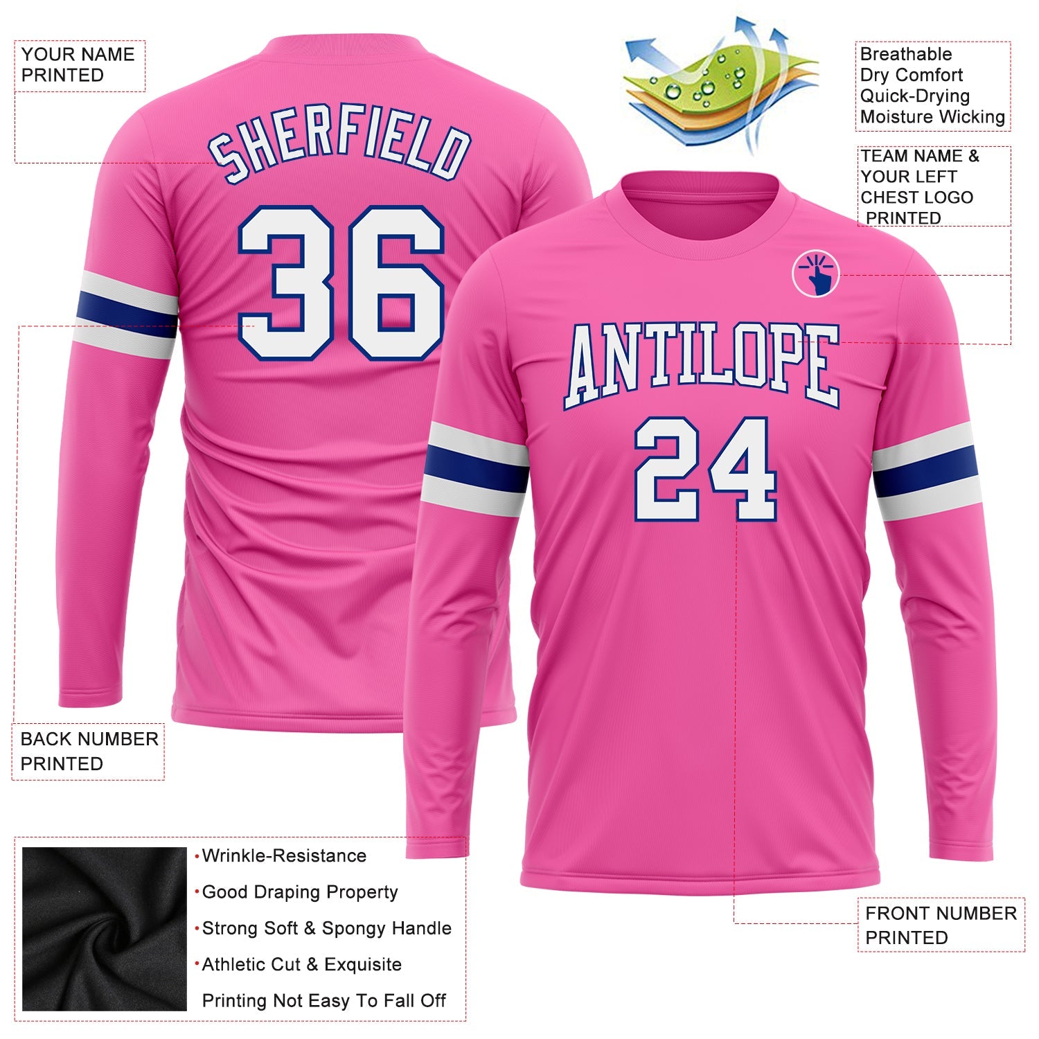 Custom Pink White-Royal Long Sleeve Performance T-Shirt view 3