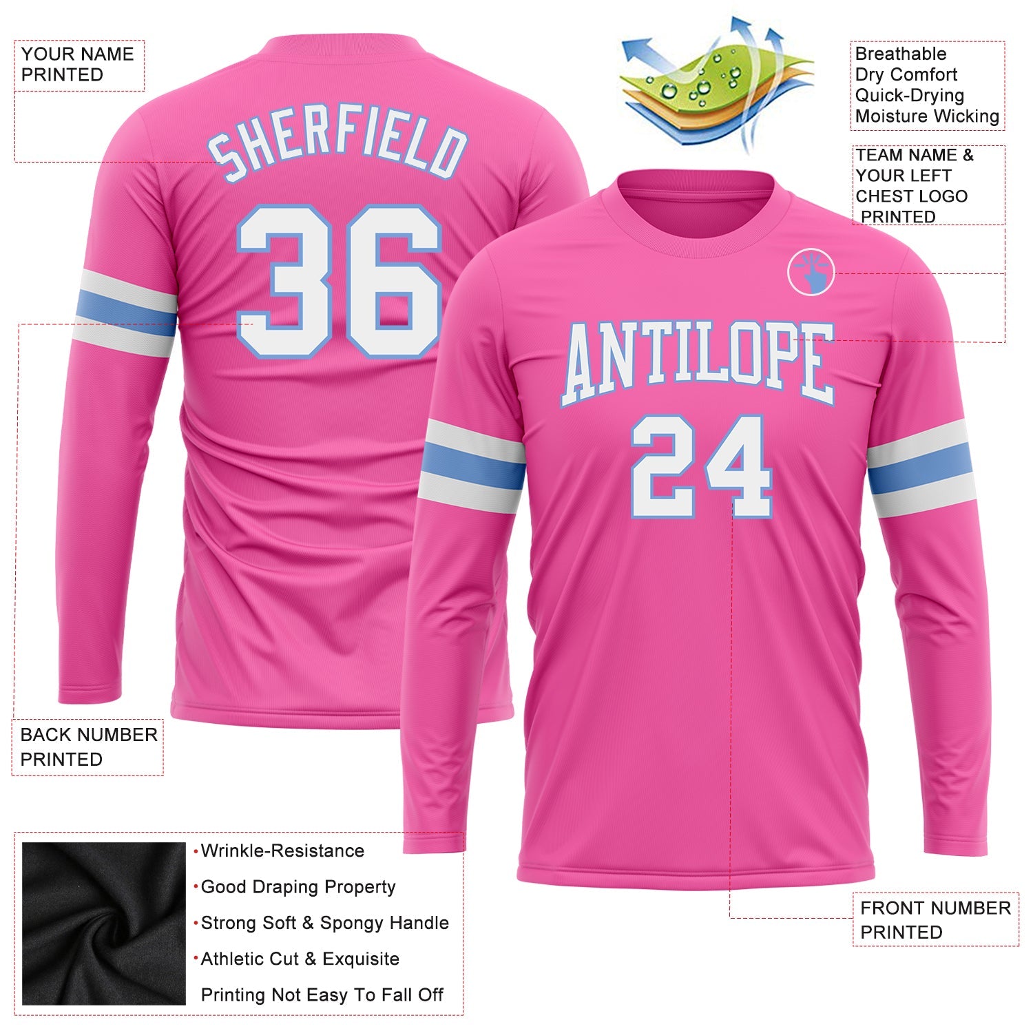 Custom Pink White-Light Blue Long Sleeve Performance T-Shirt view 3