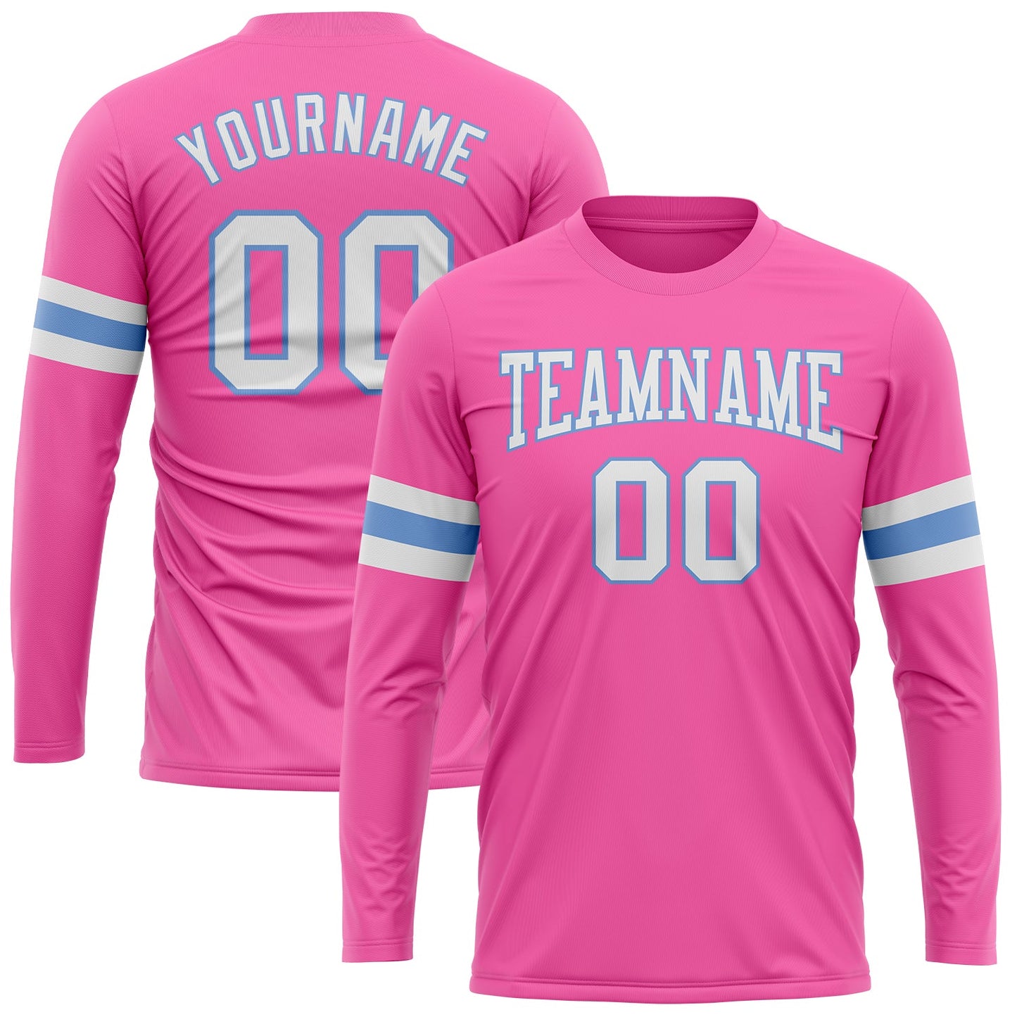 Custom Pink White-Light Blue Long Sleeve Performance T-Shirt - Main View