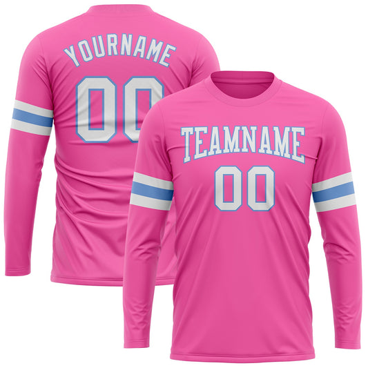Custom Pink White-Light Blue Long Sleeve Performance T-Shirt - Main View