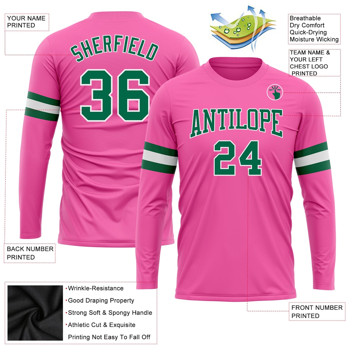 Custom Pink Kelly Green-White Long Sleeve Performance T-Shirt view 3