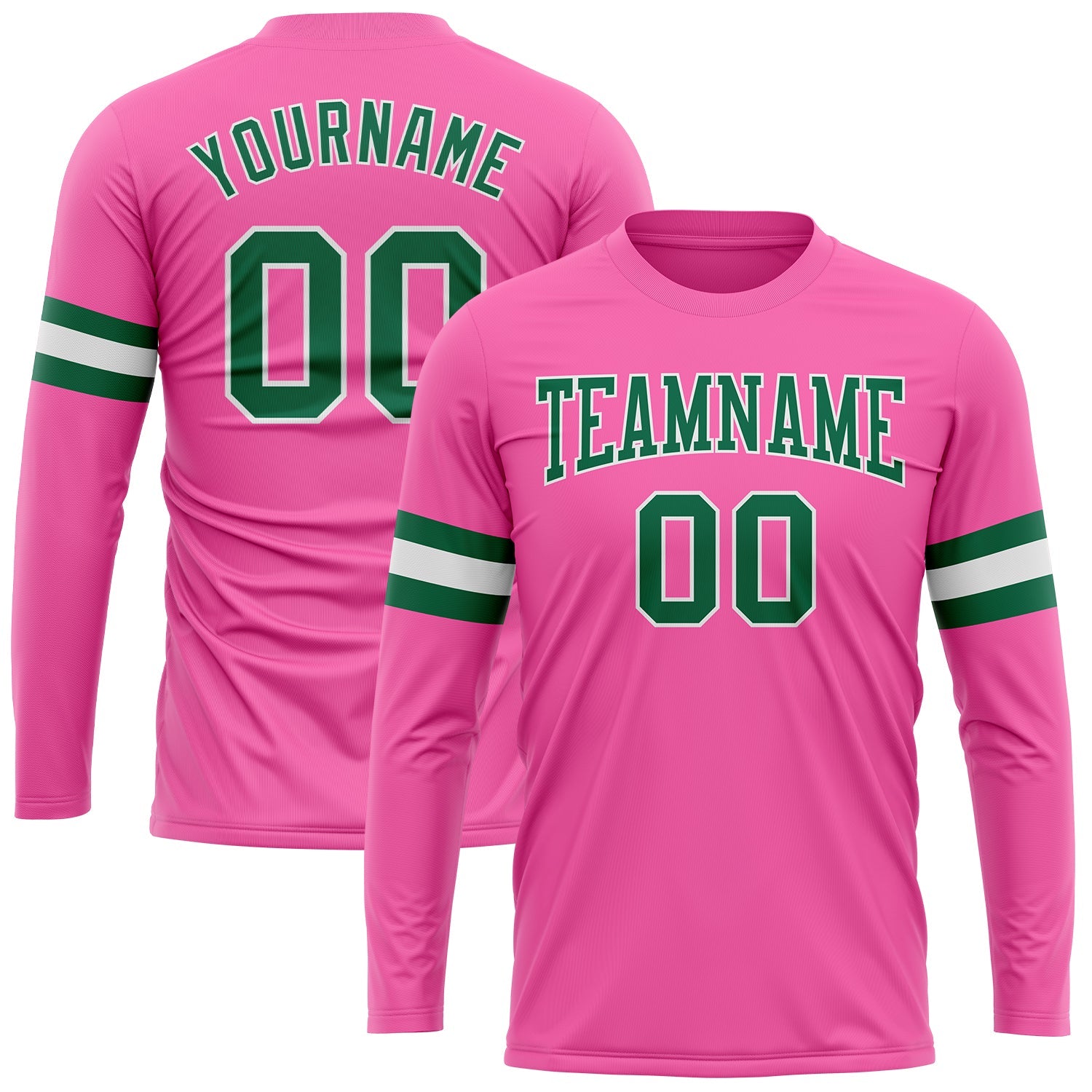 Custom Pink Kelly Green-White Long Sleeve Performance T-Shirt - Main View