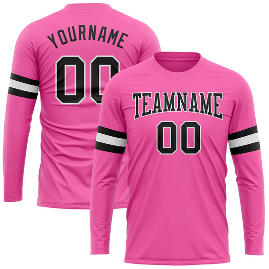 Custom Pink Black-White Long Sleeve Performance T-Shirt - Main View