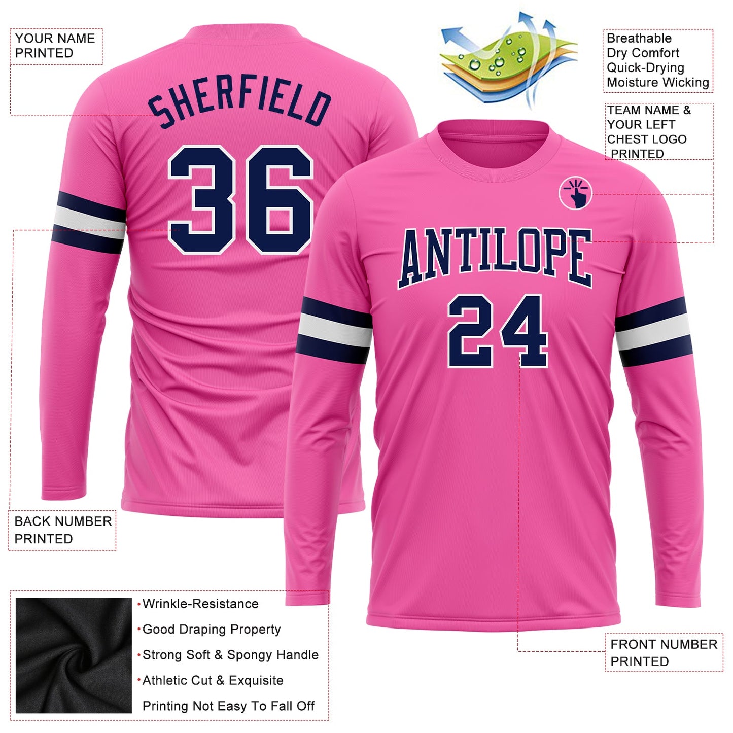 Custom Pink Navy-White Long Sleeve Performance T-Shirt view 3
