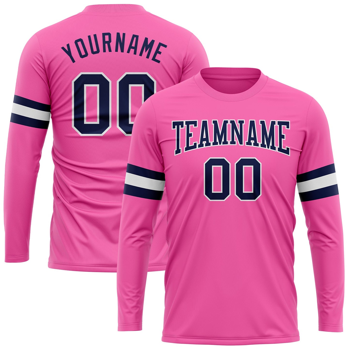 Custom Pink Navy-White Long Sleeve Performance T-Shirt - Main View