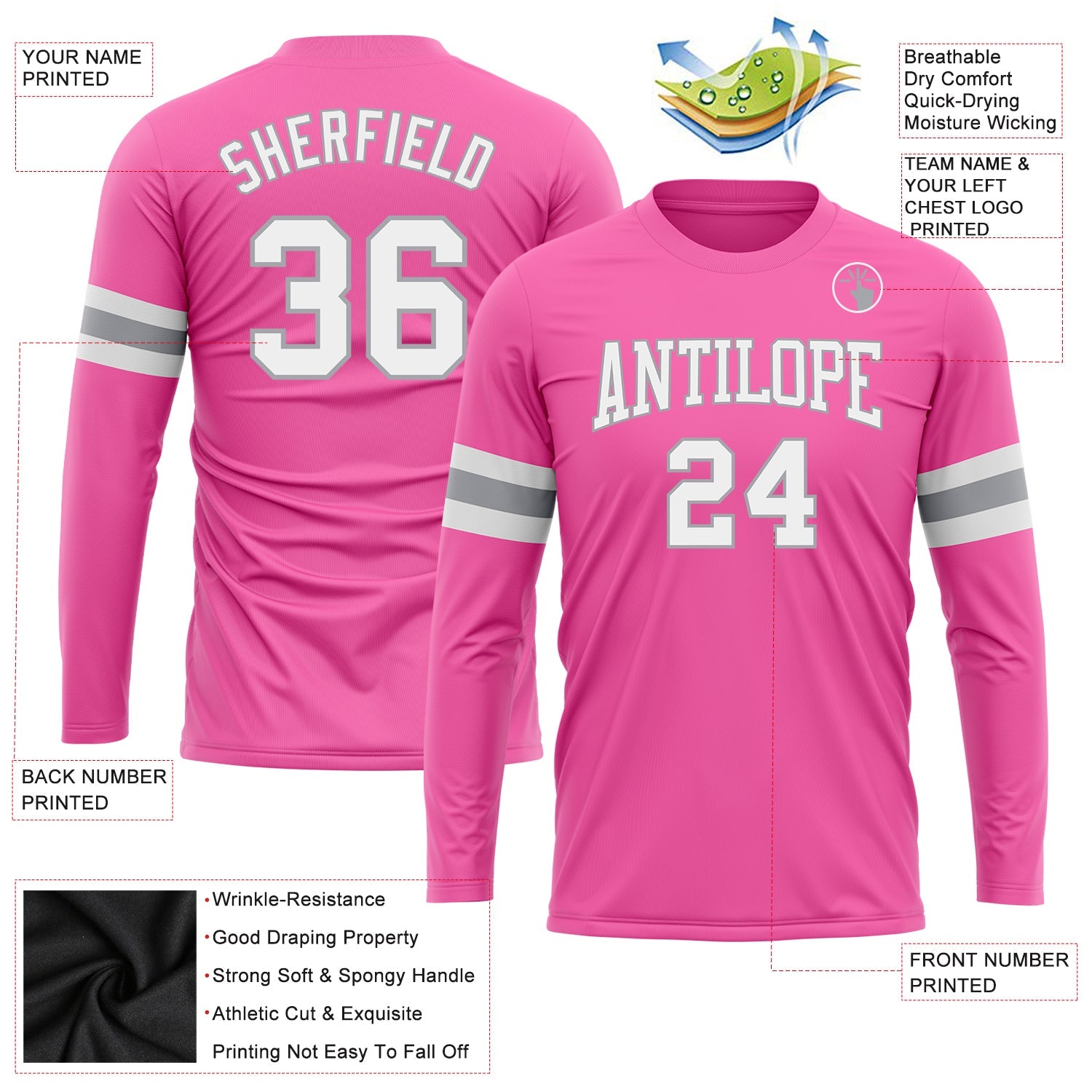 Custom Pink White-Gray Long Sleeve Performance T-Shirt view 3
