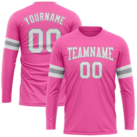 Custom Pink White-Gray Long Sleeve Performance T-Shirt - Main View