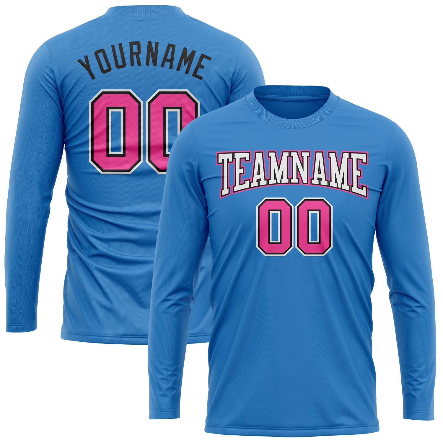 Custom Powder Blue Pink Black-White Long Sleeve Performance T-Shirt view 2