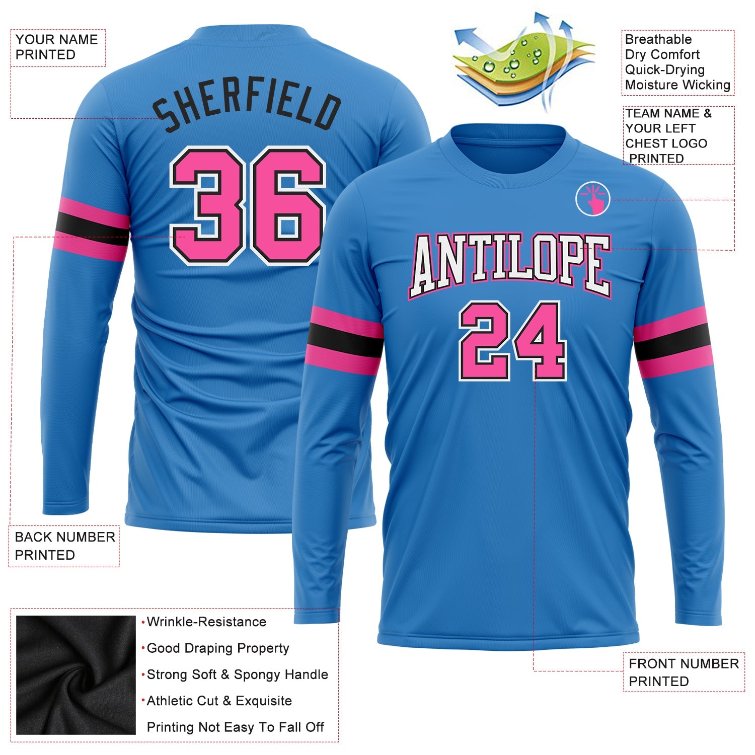 Custom Powder Blue Pink Black-White Long Sleeve Performance T-Shirt view 3
