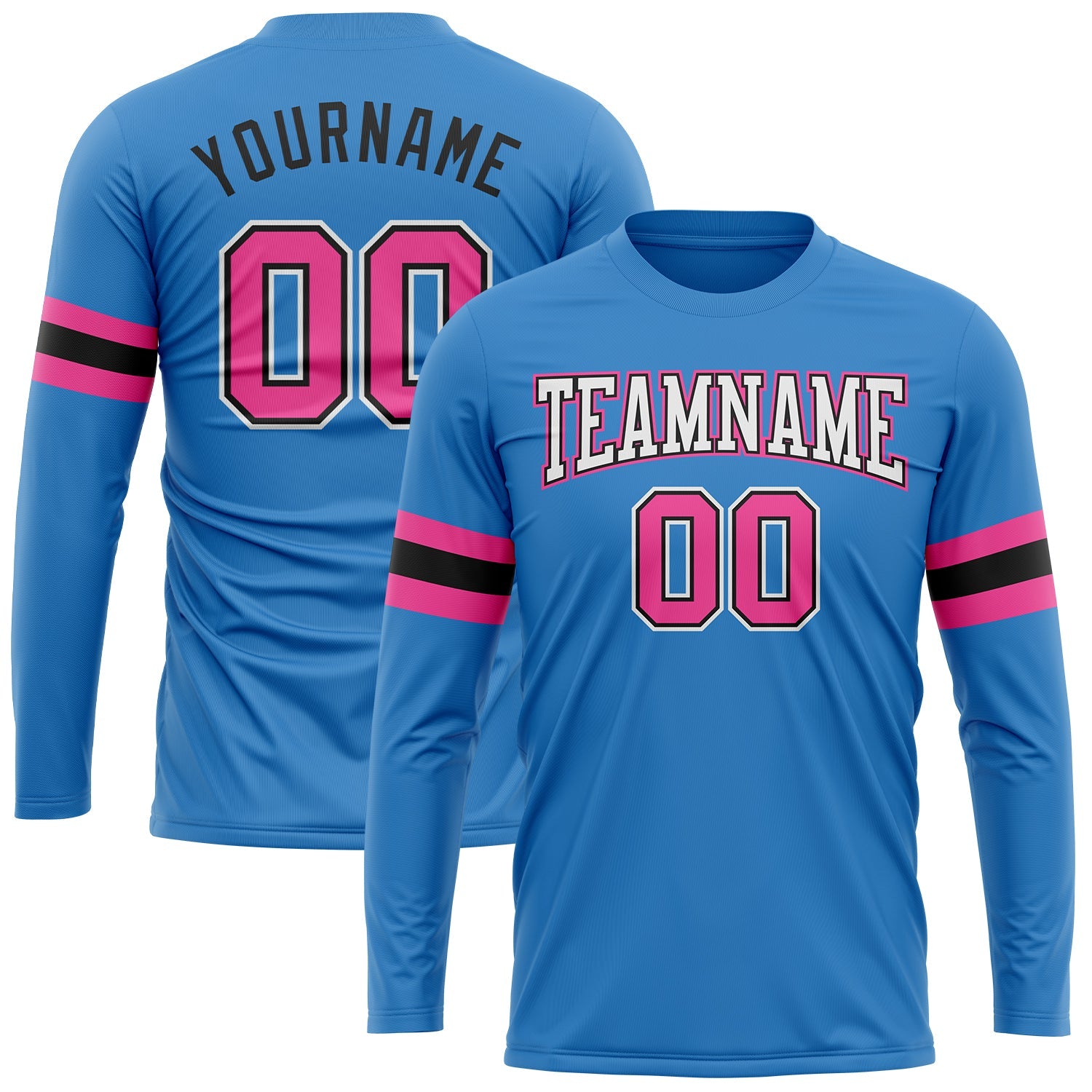 Custom Powder Blue Pink Black-White Long Sleeve Performance T-Shirt - Main View