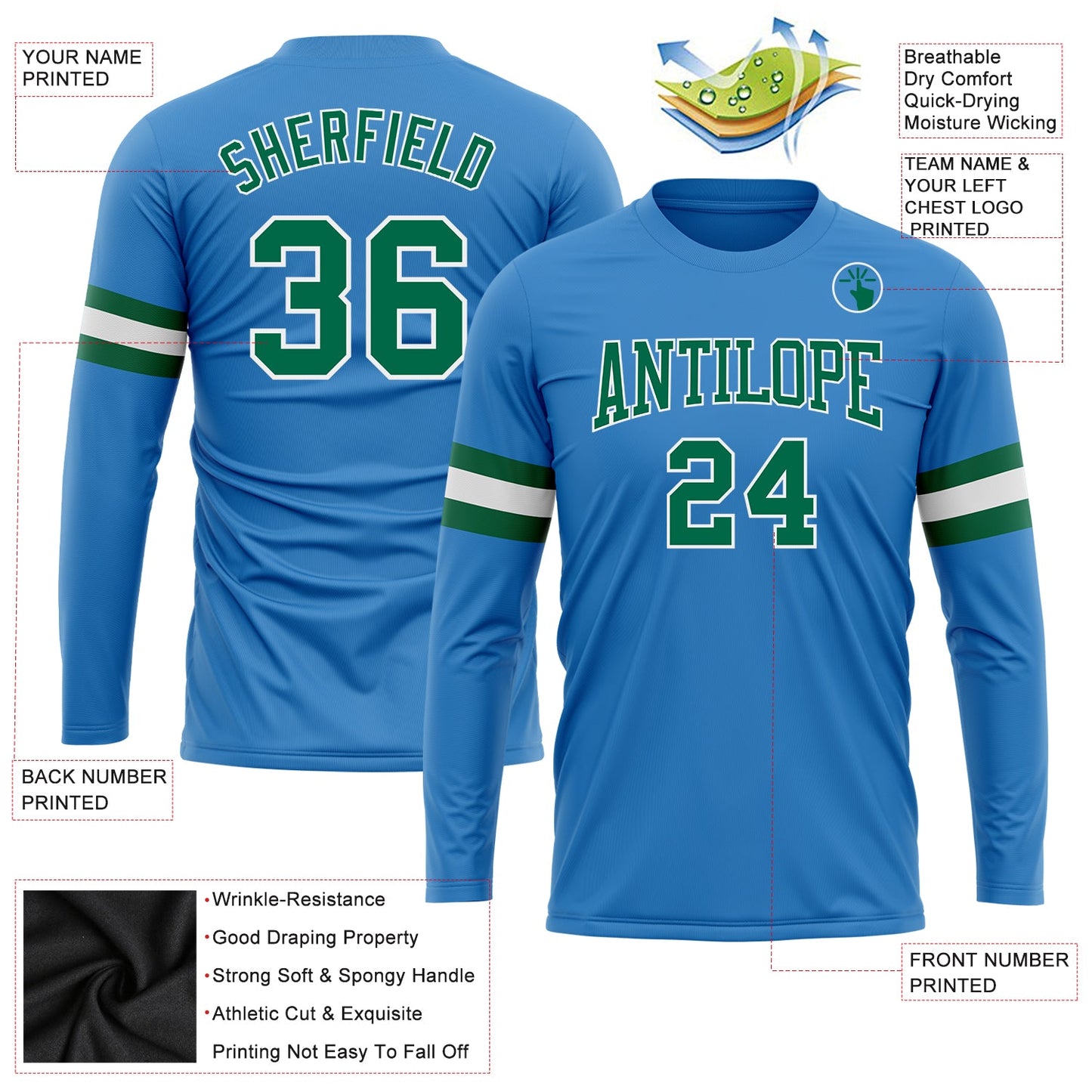 Custom Powder Blue Kelly Green-White Long Sleeve Performance T-Shirt view 3