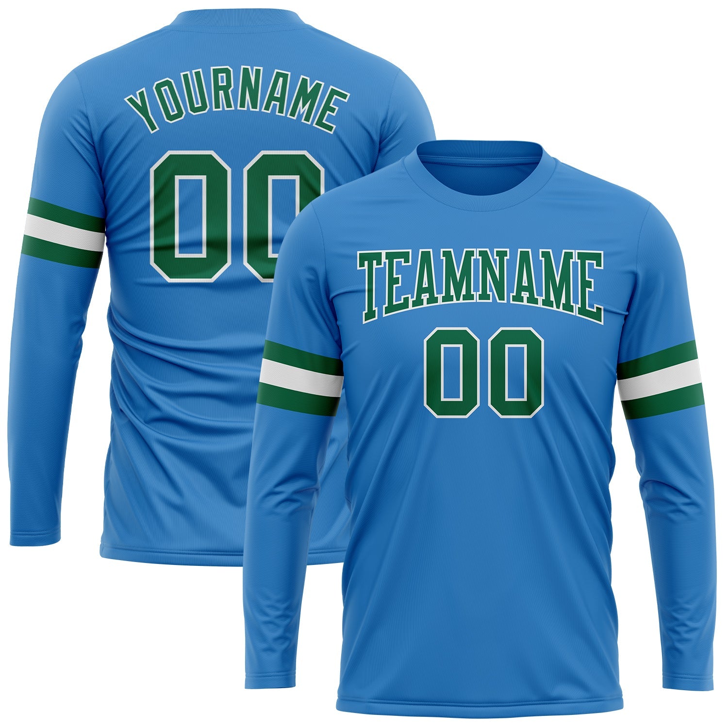 Custom Powder Blue Kelly Green-White Long Sleeve Performance T-Shirt - Main View