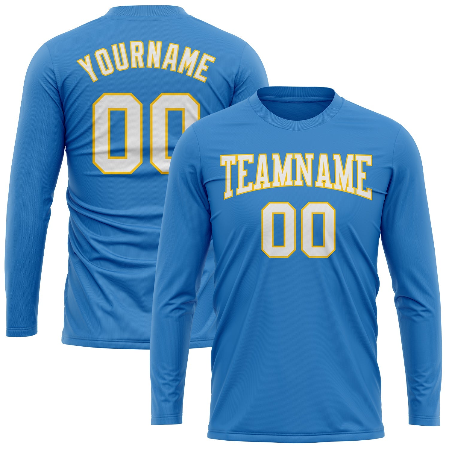 Custom Powder Blue White Gold Long Sleeve Performance T-Shirt view 2