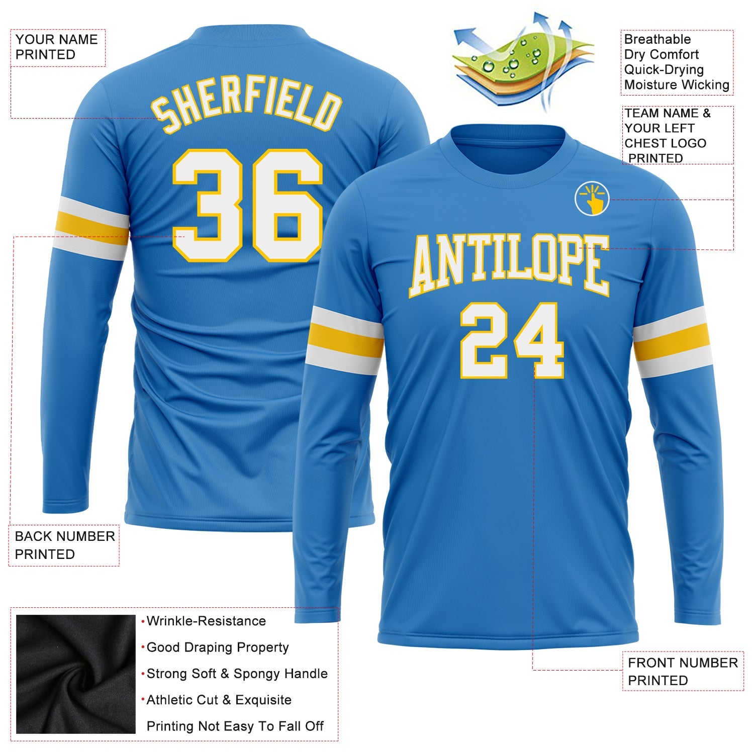 Custom Powder Blue White Gold Long Sleeve Performance T-Shirt view 3