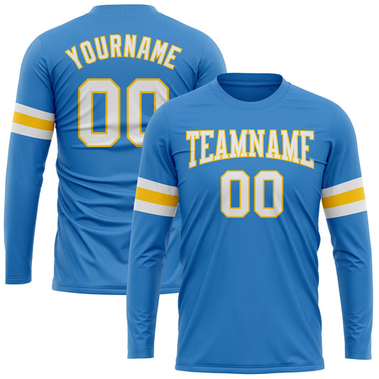 Custom Powder Blue White Gold Long Sleeve Performance T-Shirt - Main View