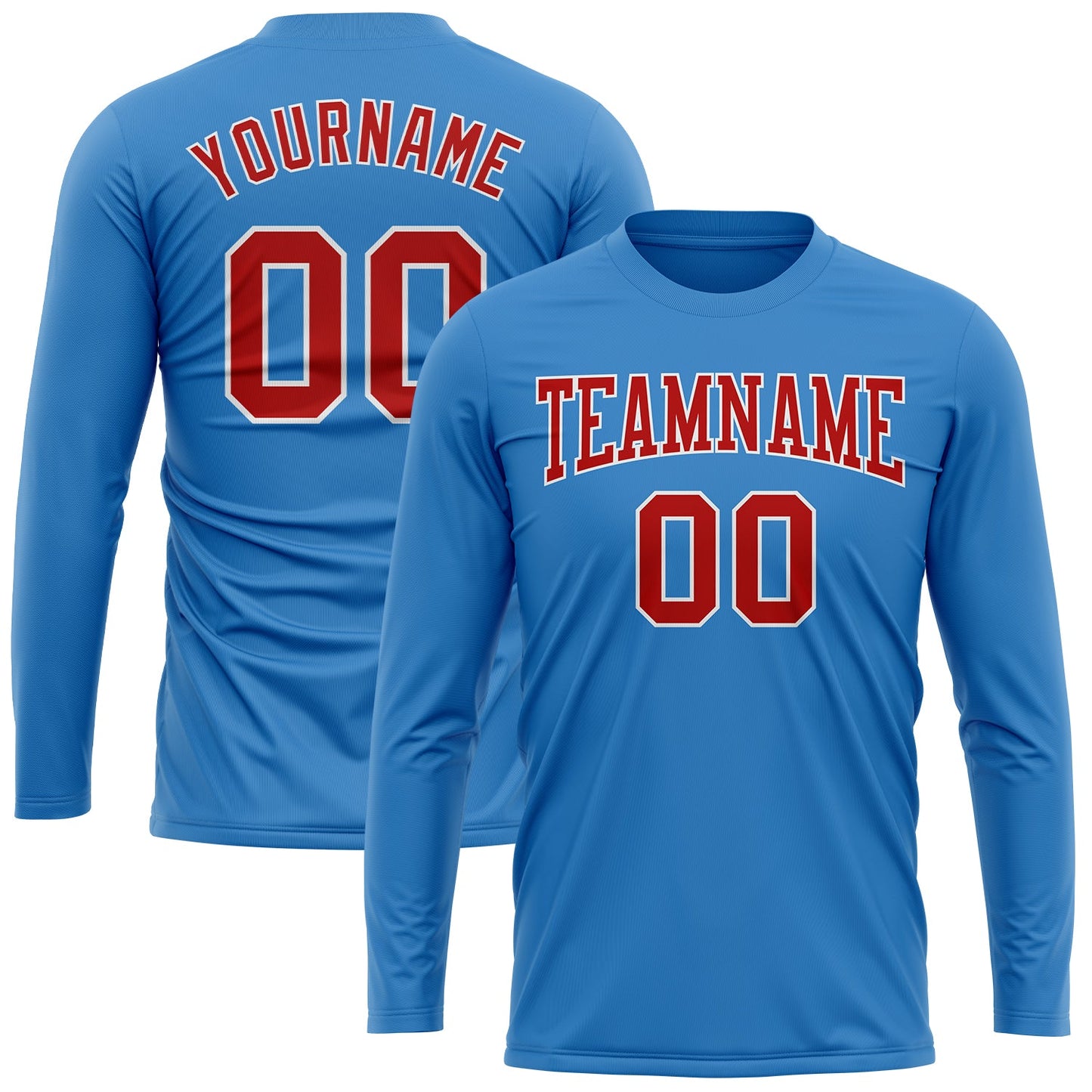 Custom Powder Blue Red-White Long Sleeve Performance T-Shirt view 2