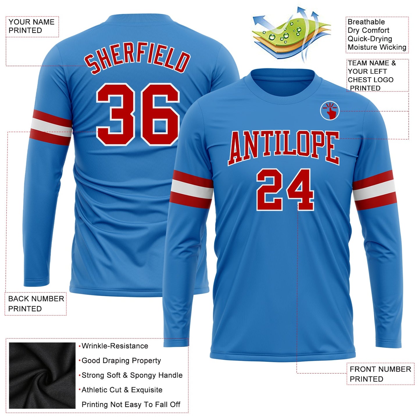 Custom Powder Blue Red-White Long Sleeve Performance T-Shirt view 3