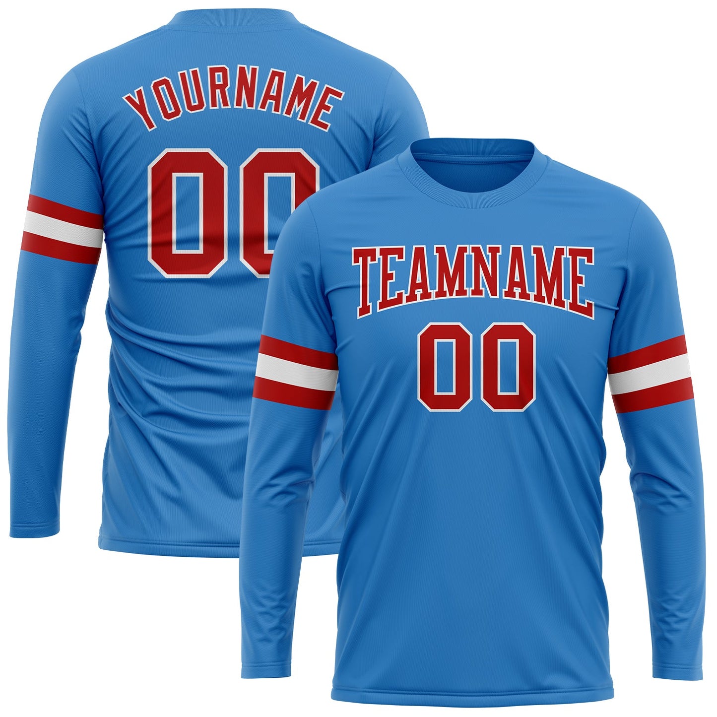 Custom Powder Blue Red-White Long Sleeve Performance T-Shirt - Main View