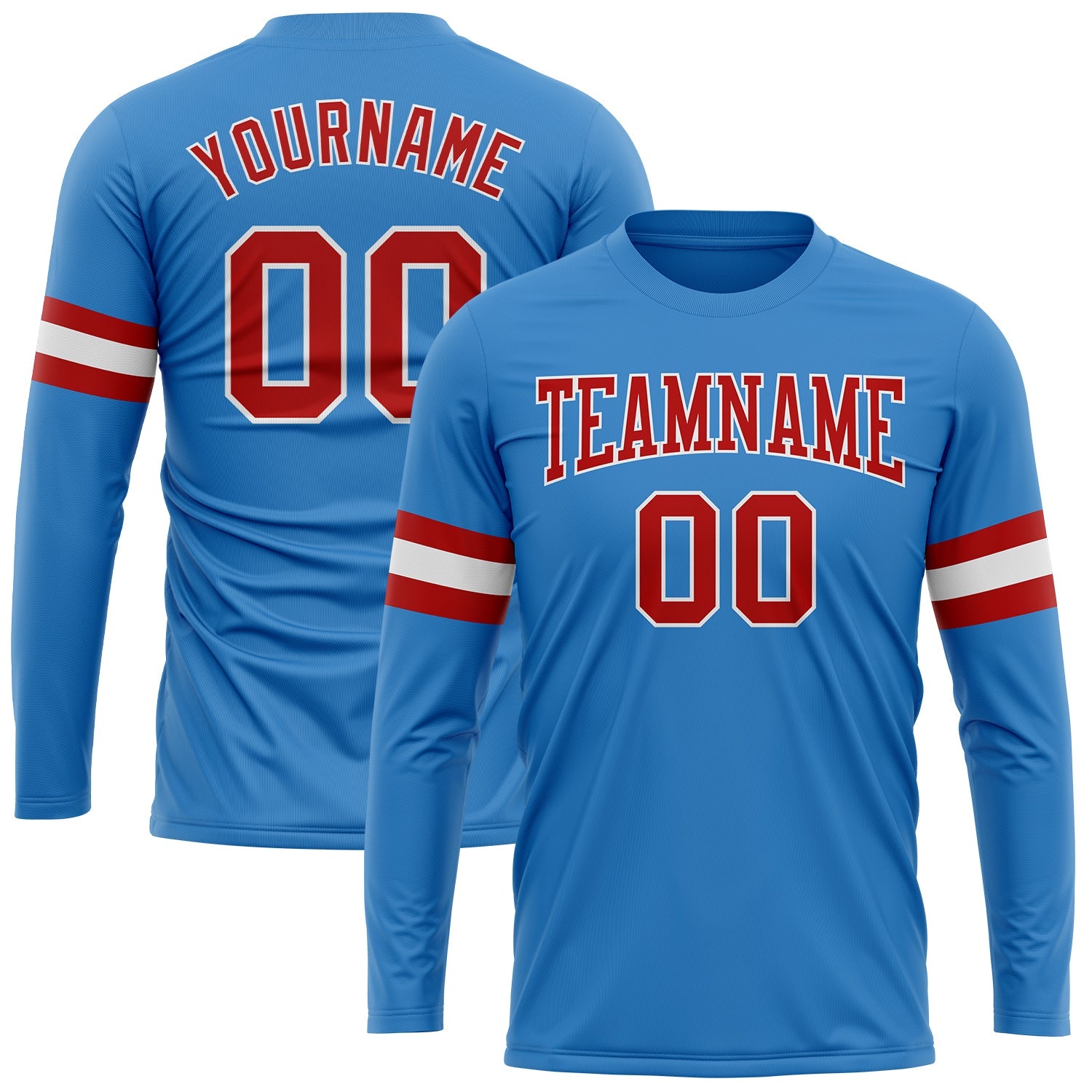 Custom Powder Blue Red-White Long Sleeve Performance T-Shirt - Main View