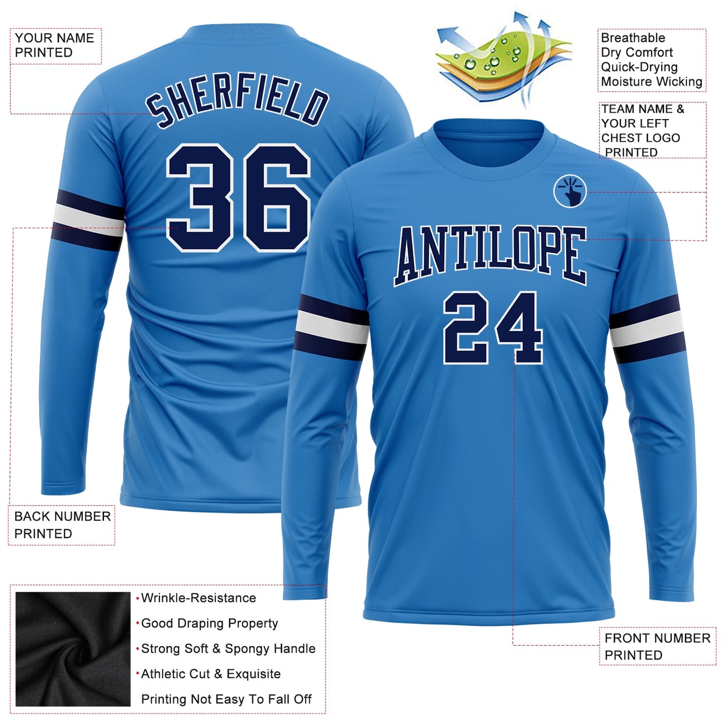 Custom Powder Blue Navy-White Long Sleeve Performance T-Shirt view 3