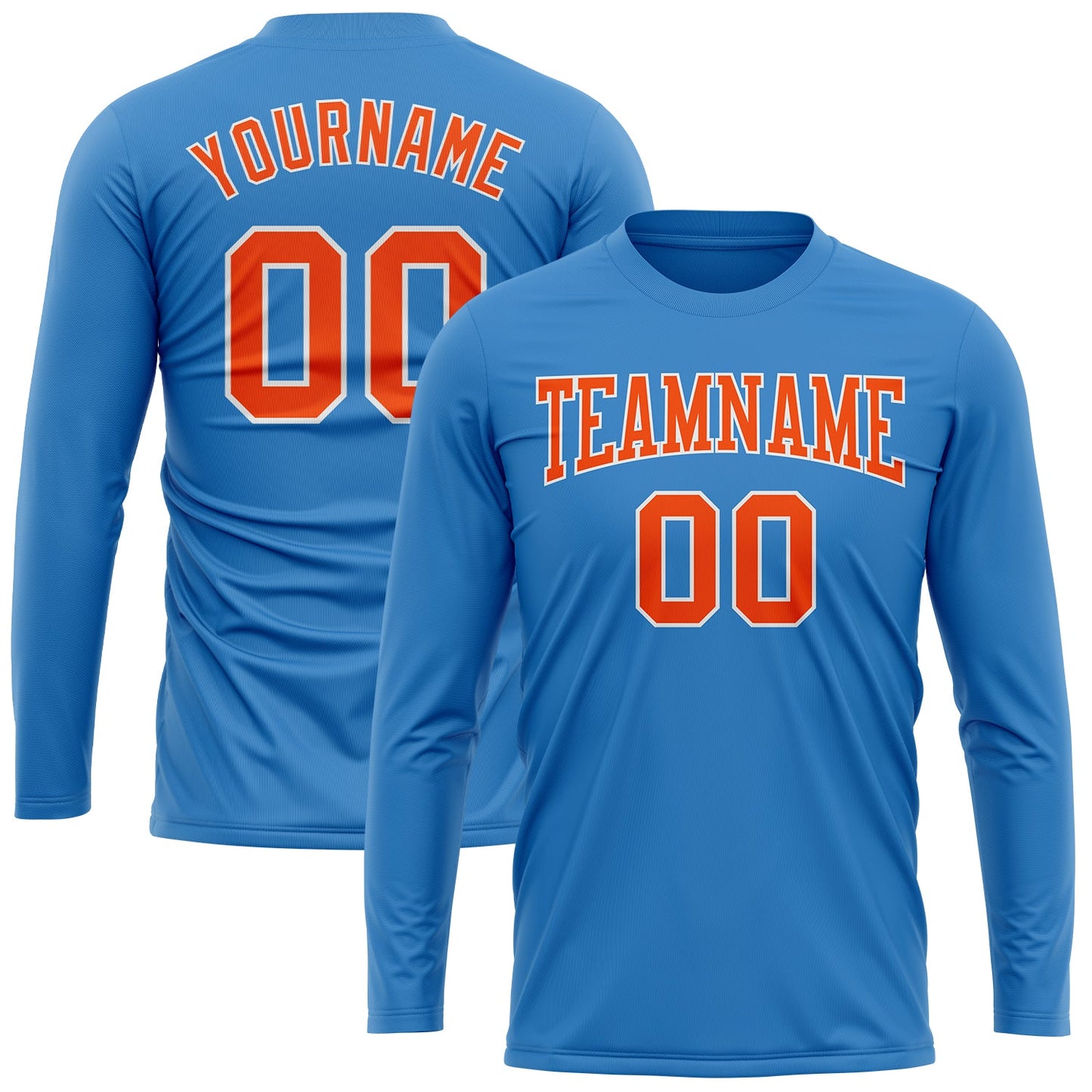 Custom Powder Blue Orange-White Long Sleeve Performance T-Shirt view 2